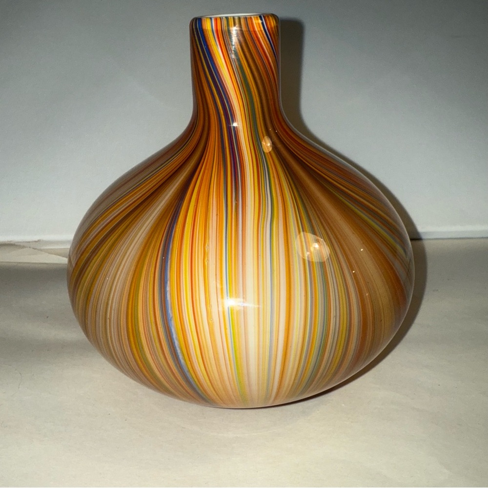 Vibrant Orange and Yellow Striped Glass Art Vase Hand Blown